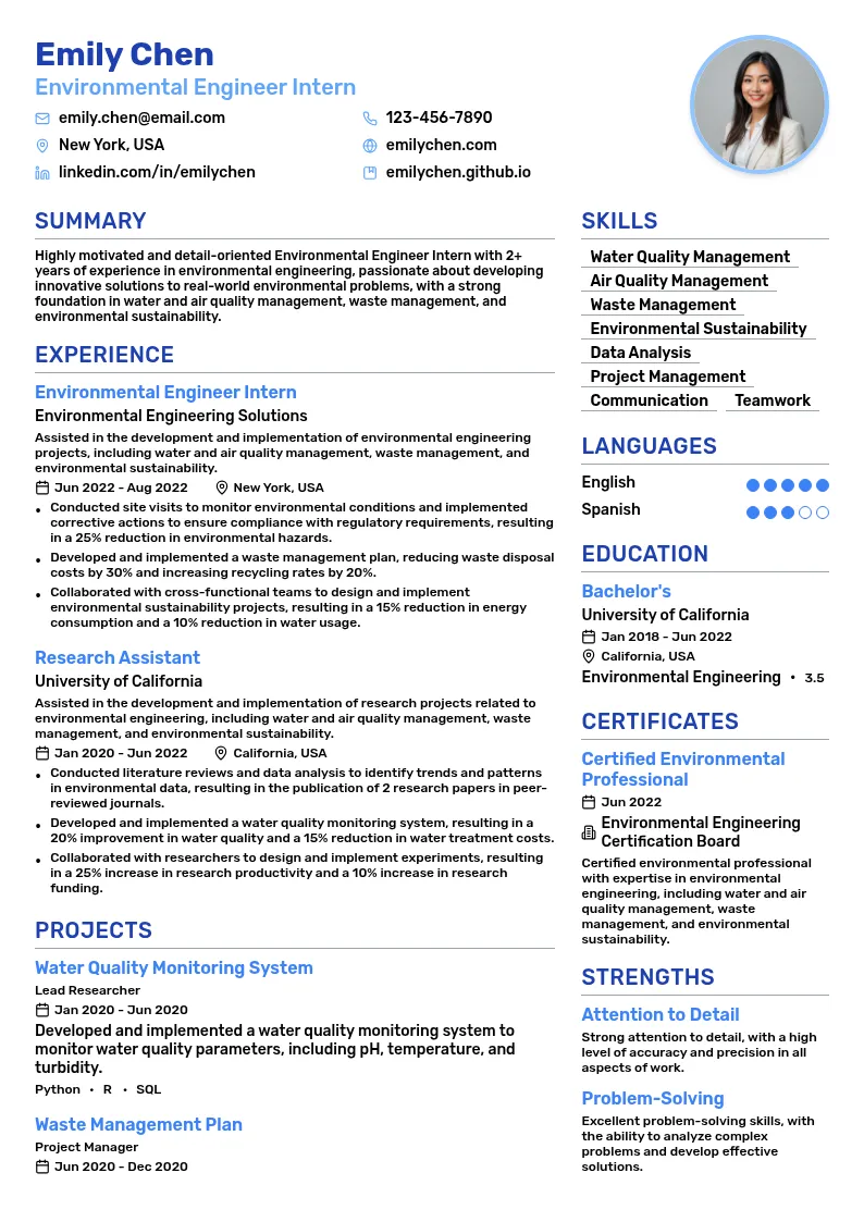 Environmental Engineer Intern resume example