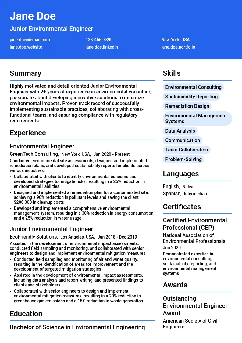 Junior Environmental Engineer resume example