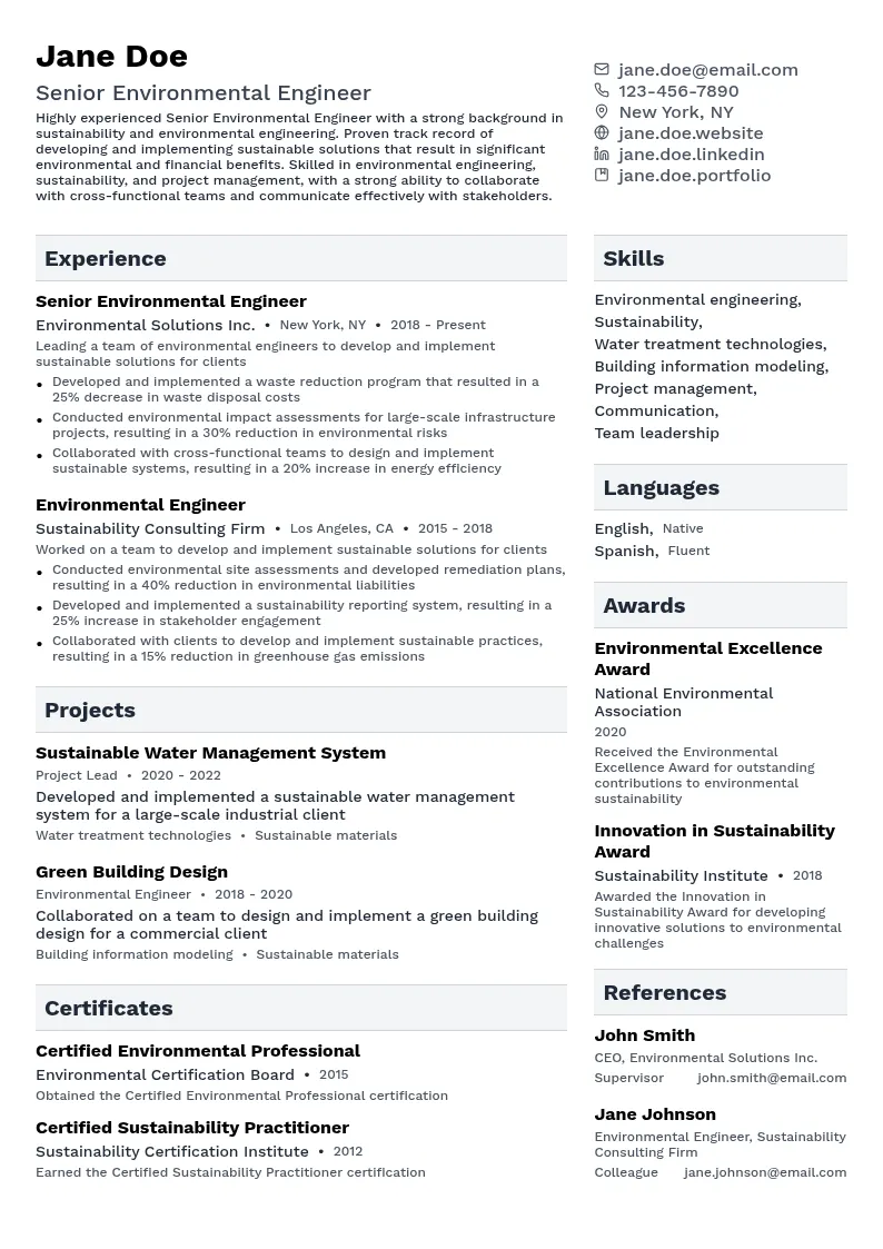 Senior Environmental Engineer resume example