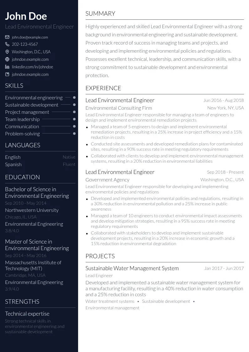Lead Environmental Engineer resume example