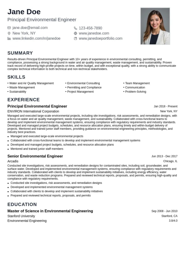 Principal Environmental Engineer resume example