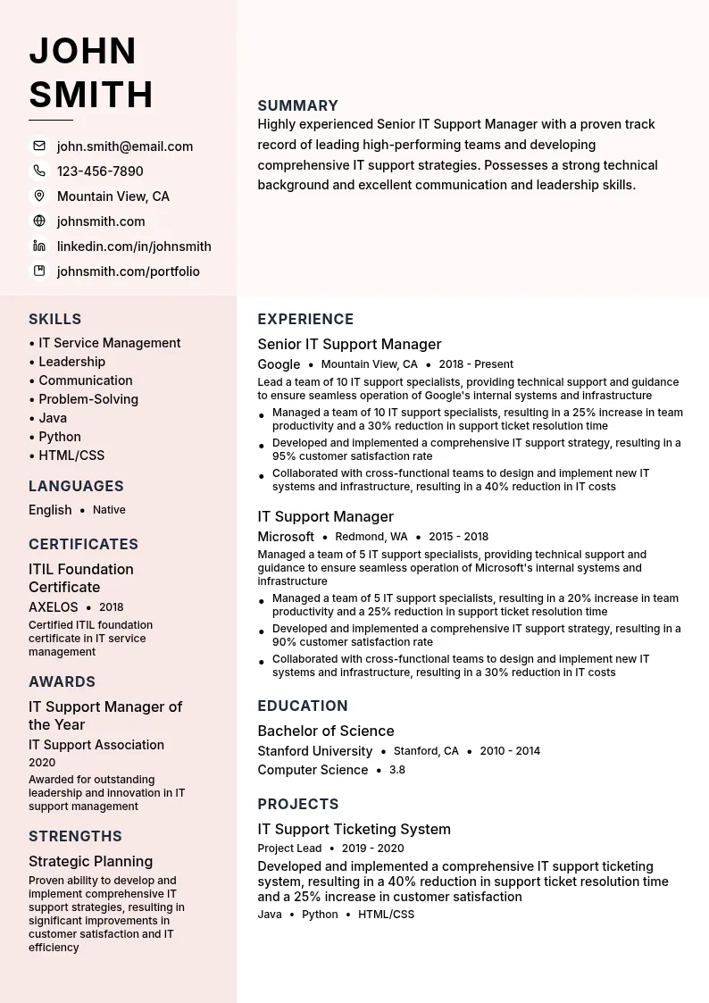 Senior IT Support Manager resume example