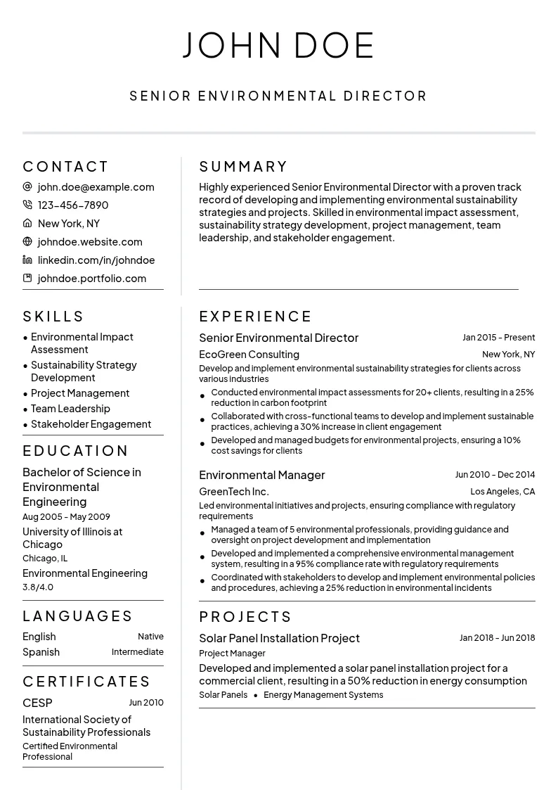 Senior Environmental Director resume example