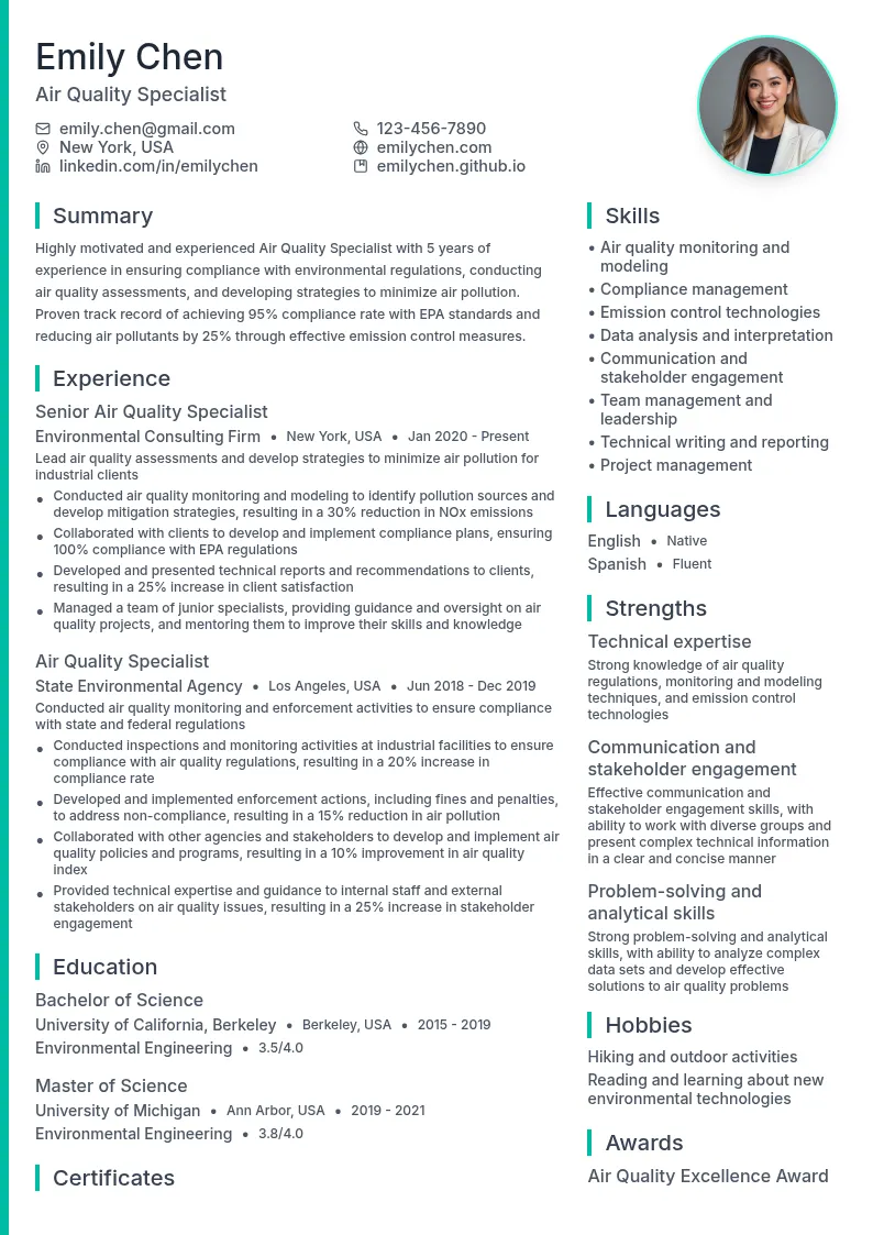 Air Quality Specialist resume example