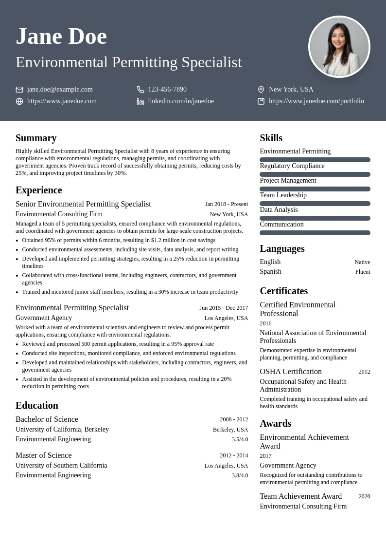 Environmental Permitting Specialist resume example