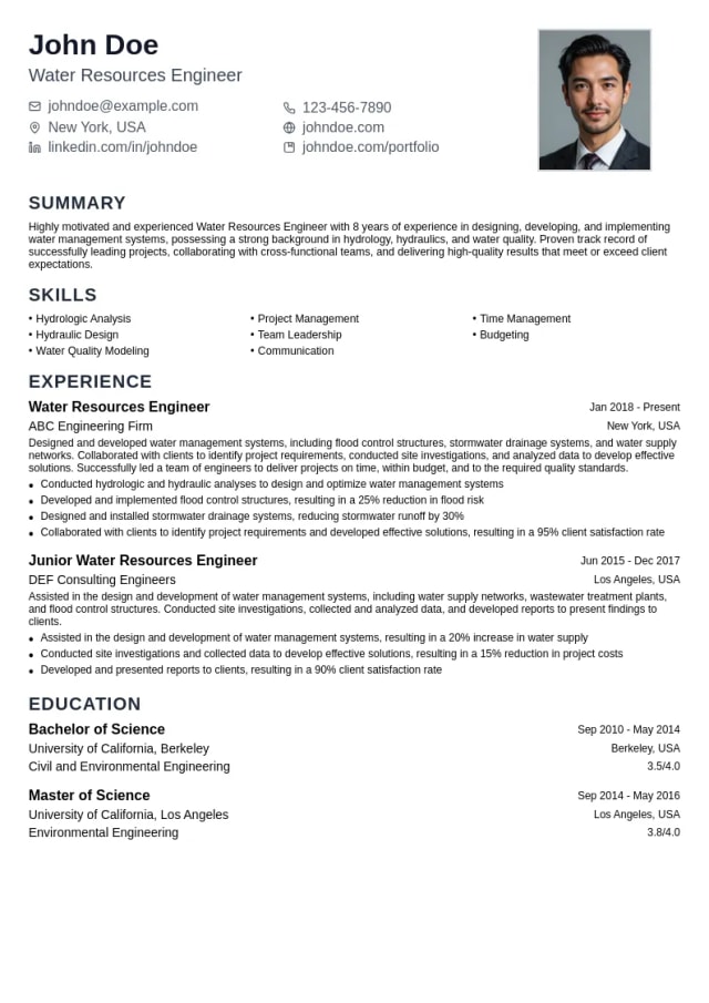 Water Resources Engineer resume example