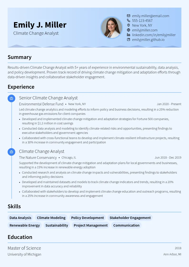 Climate Change Analyst resume example