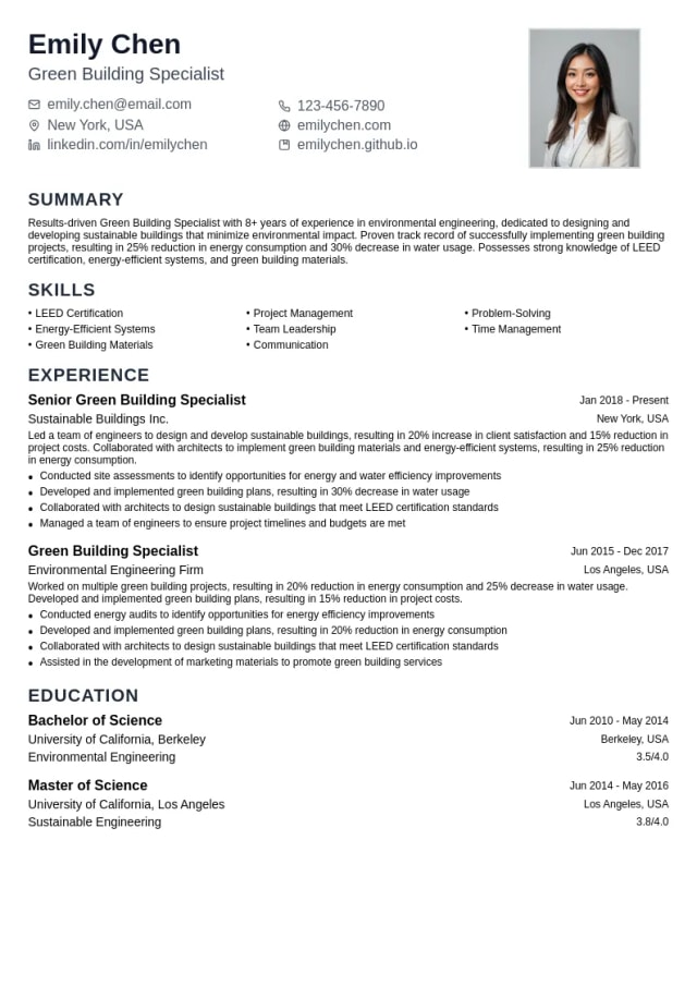Green Building Specialist resume example