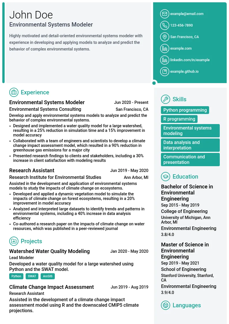 Environmental Systems Modeler resume example