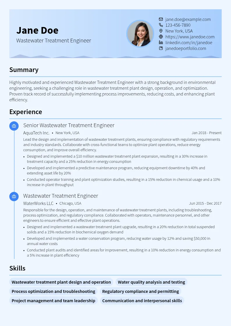 Wastewater Treatment Engineer resume example