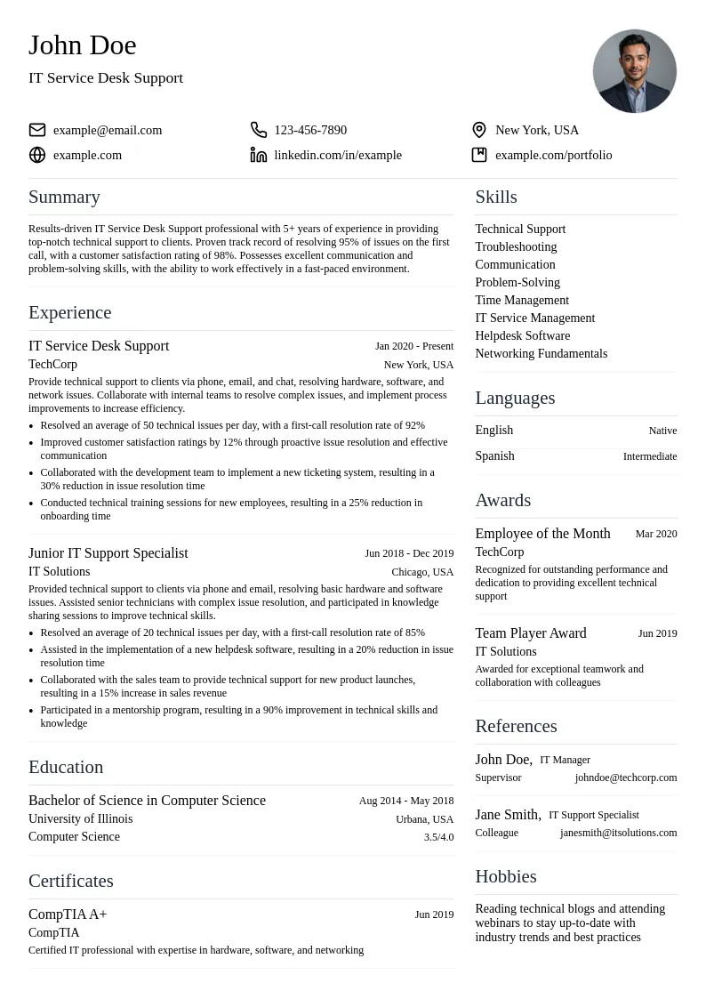 IT Service Desk Support resume example