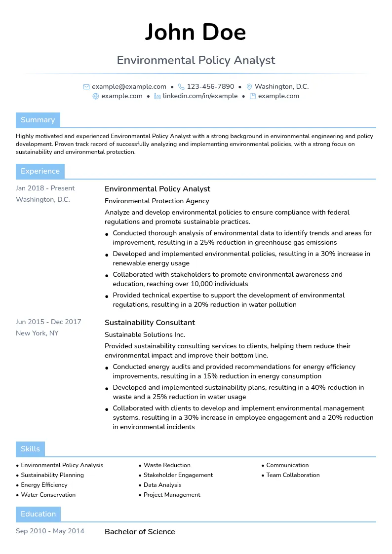 Environmental Policy Analyst resume example