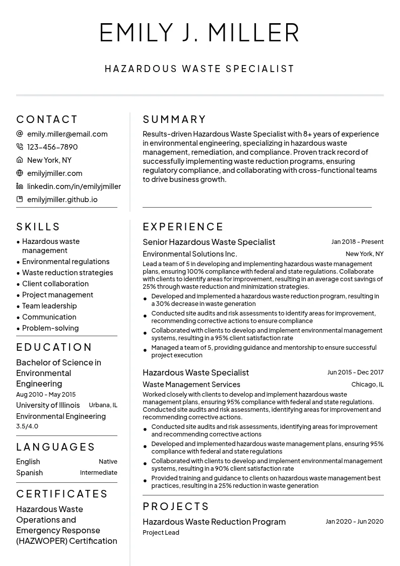 Hazardous Waste Specialist resume example