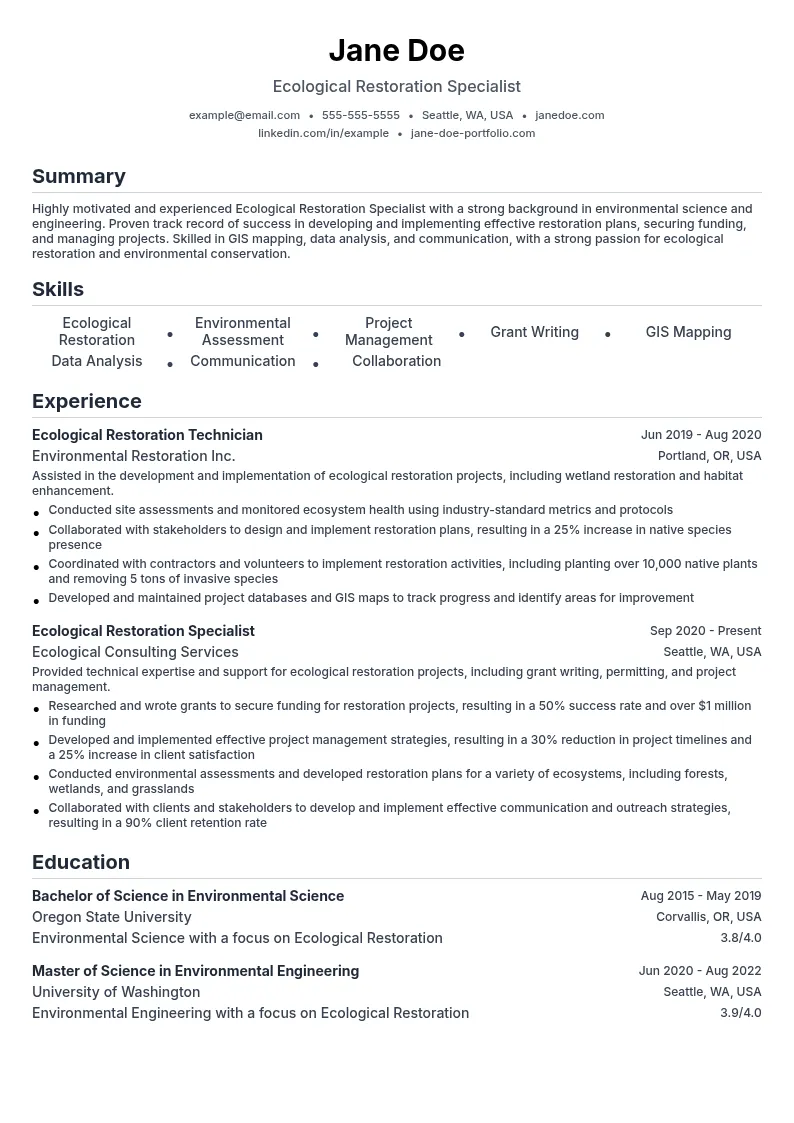Ecological Restoration Specialist resume example
