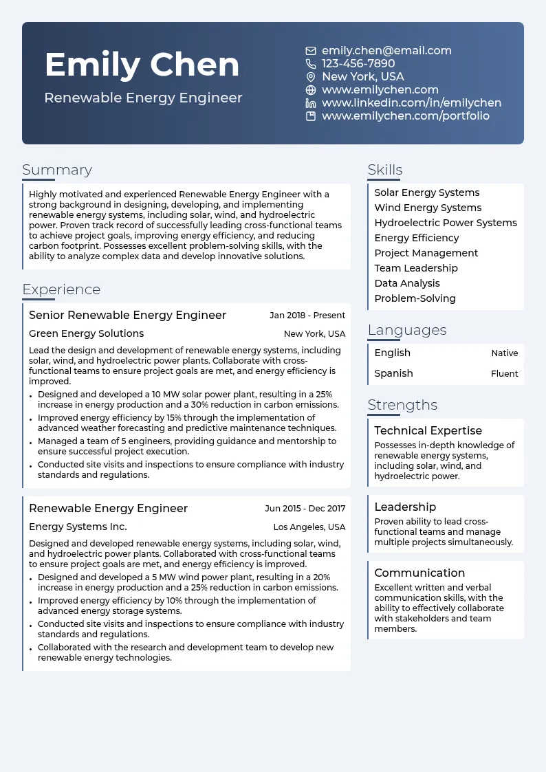 Renewable Energy Engineer resume example