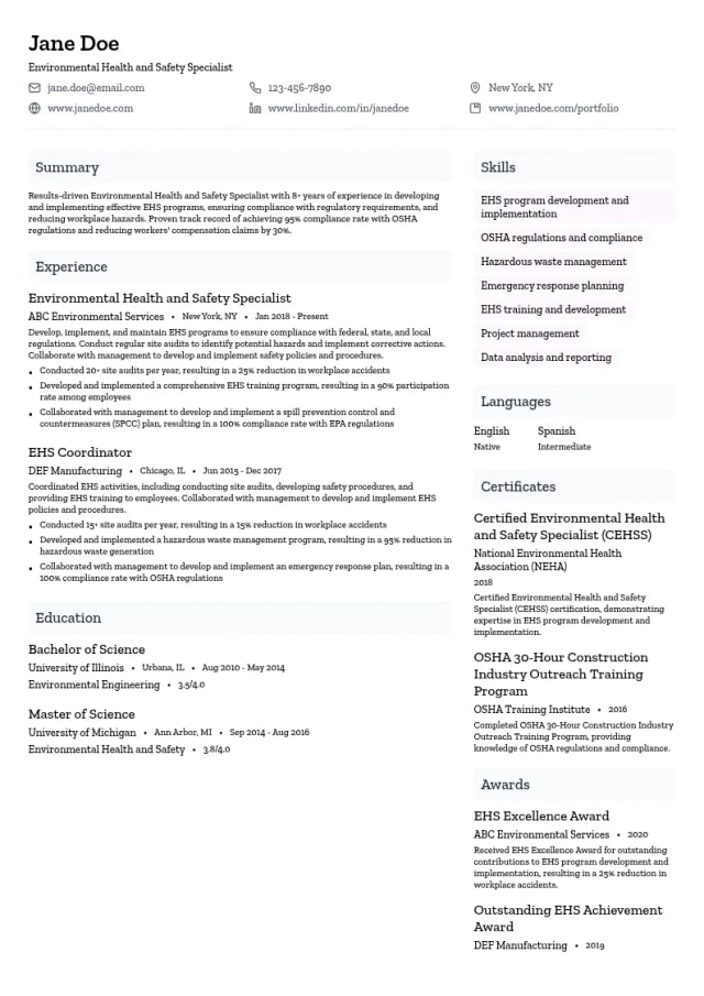 Environmental Health and Safety Specialist resume example