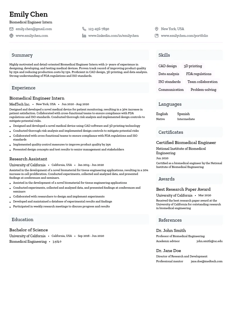 Biomedical Engineer Intern resume example