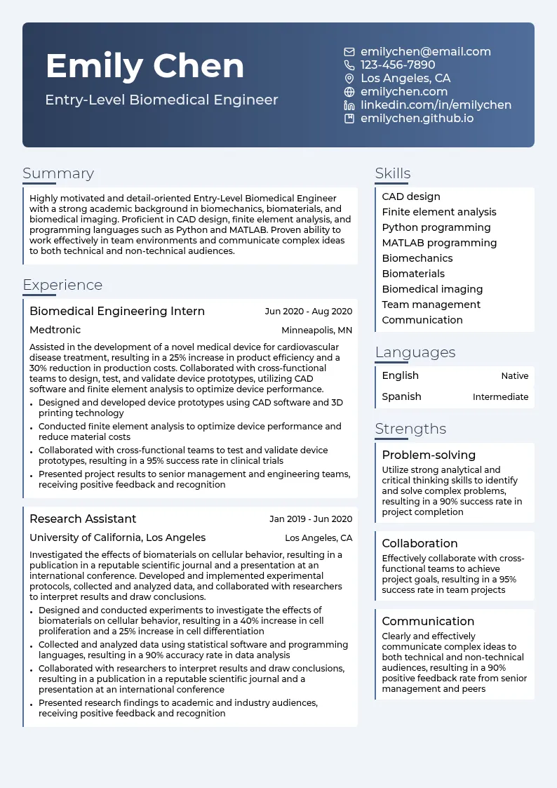 Entry-Level Biomedical Engineer resume example