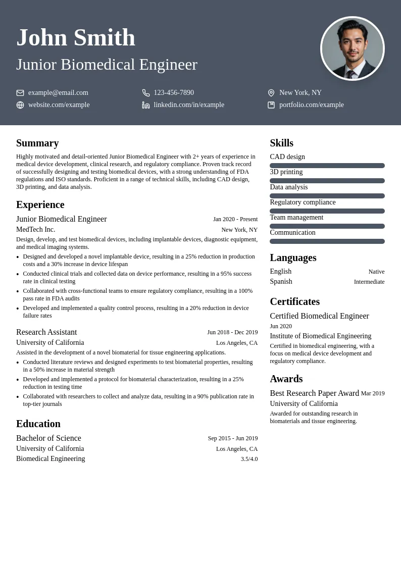 Junior Biomedical Engineer resume example