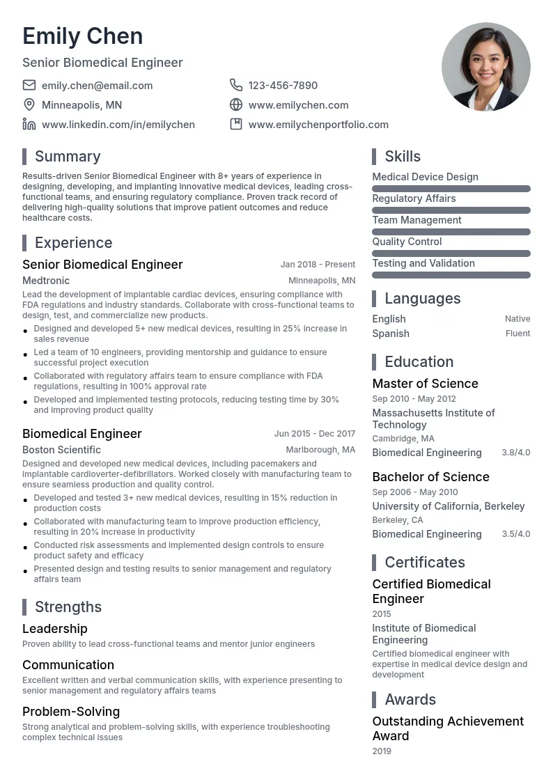Senior Biomedical Engineer resume example