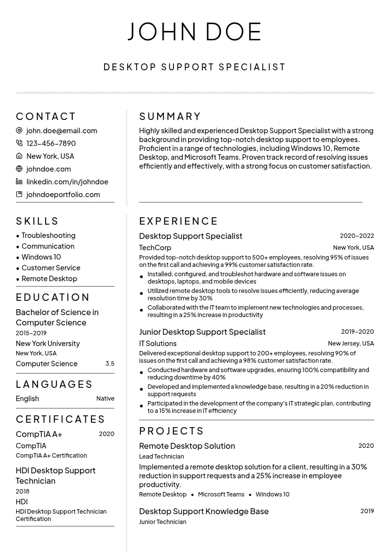 Desktop Support Specialist resume example