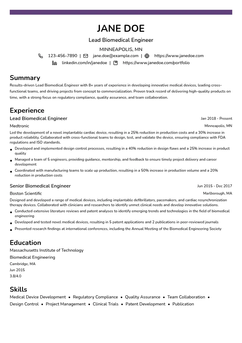 Lead Biomedical Engineer resume example