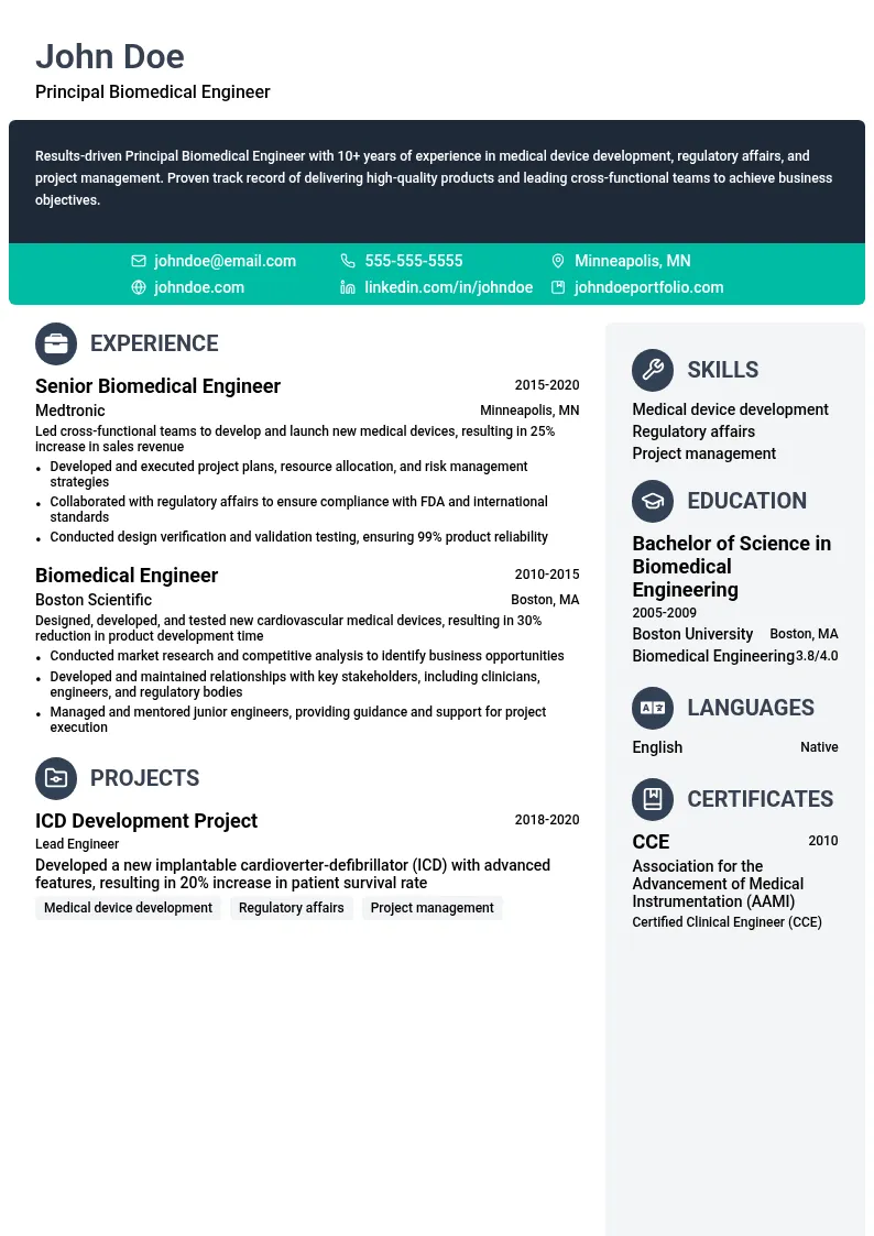 Principal Biomedical Engineer resume example