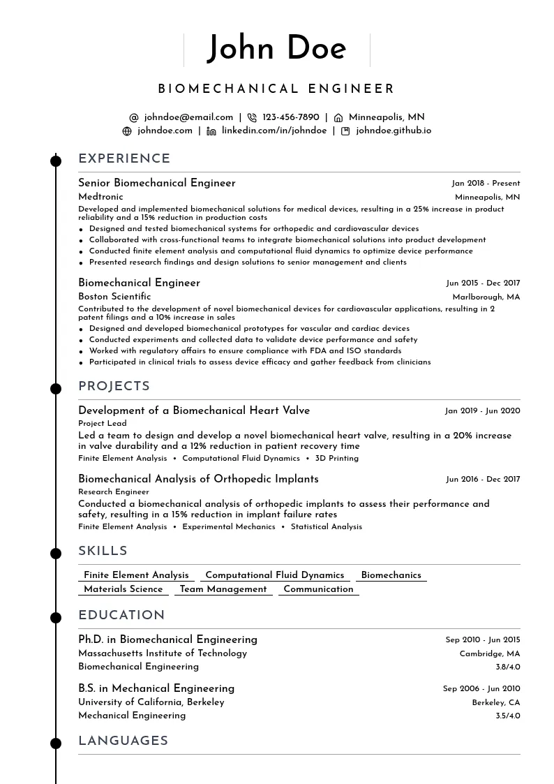 Biomechanical Engineer resume example