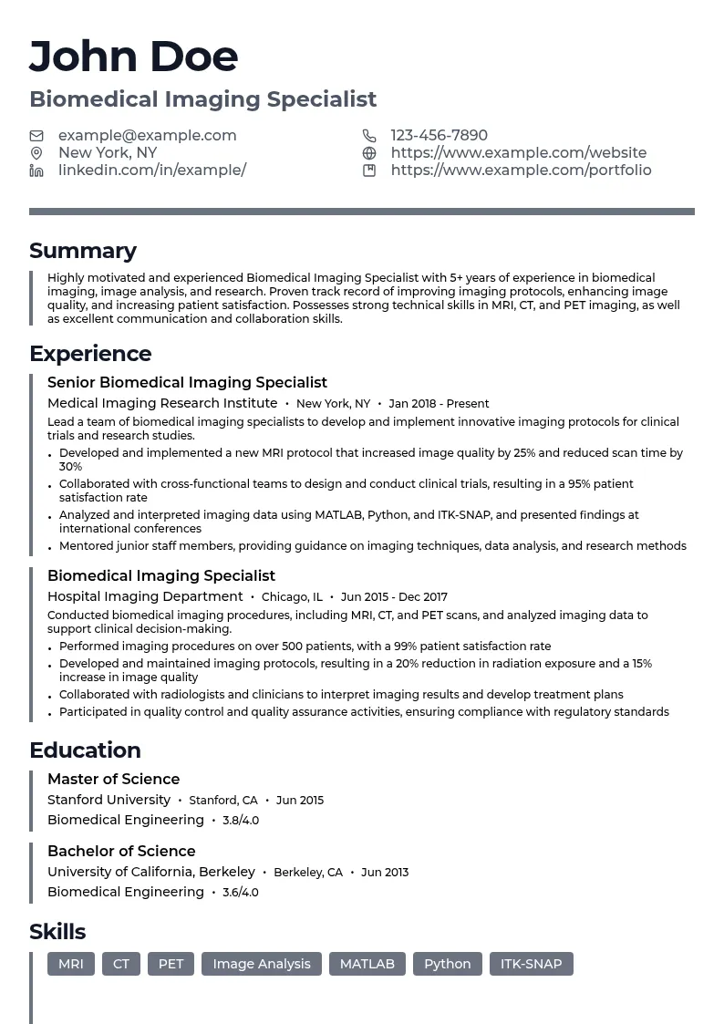 Biomedical Imaging Specialist resume example