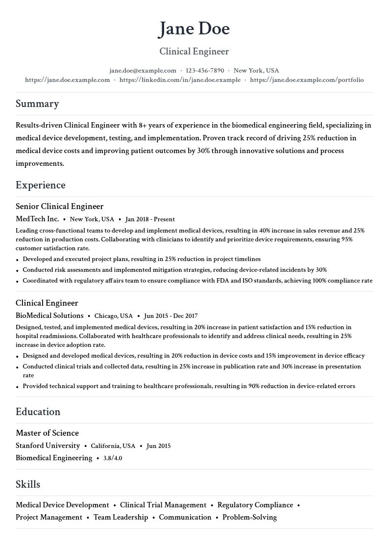 Clinical Engineer resume example