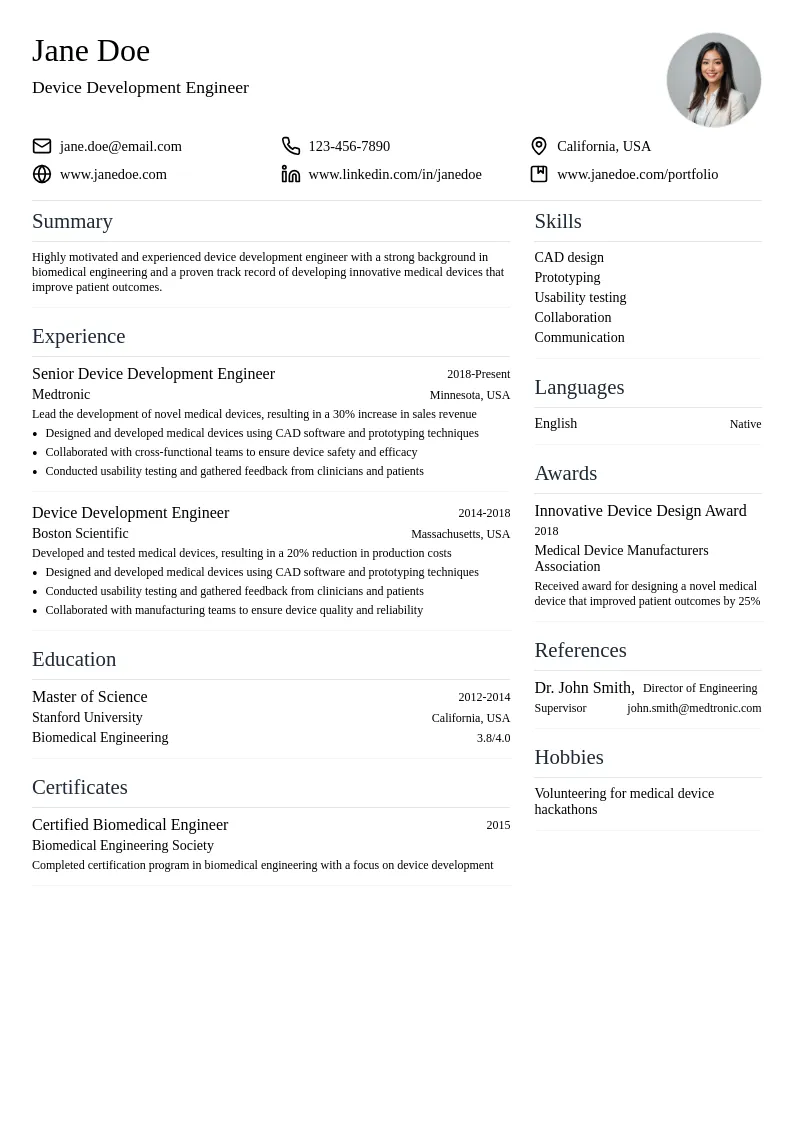 Device Development Engineer resume example