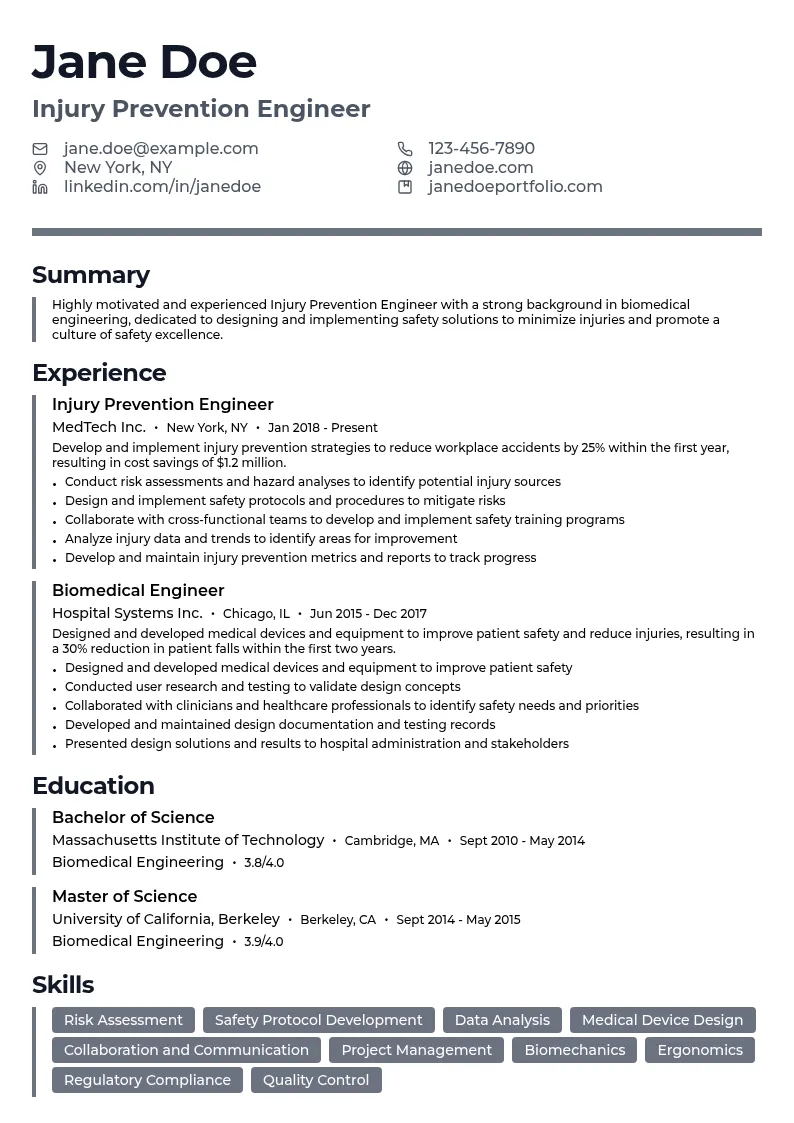 Injury Prevention Engineer resume example