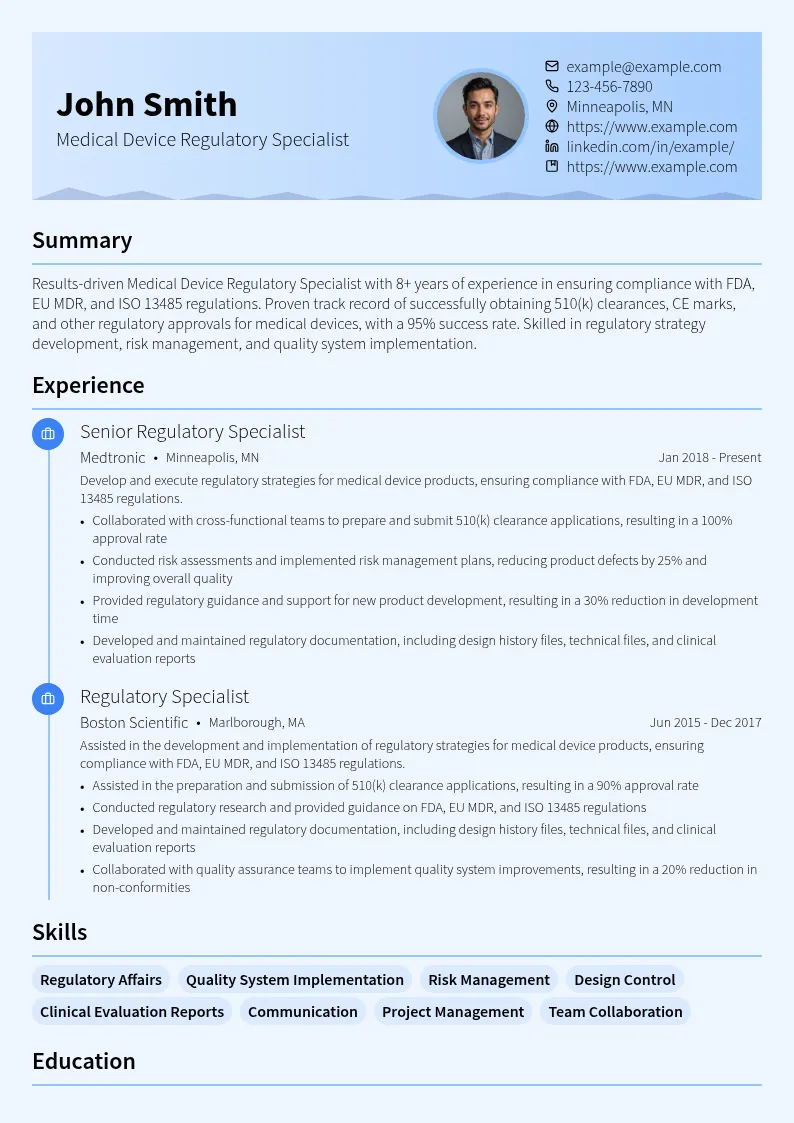 Medical Device Regulatory Specialist resume example