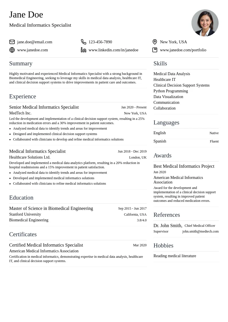 Medical Informatics Specialist resume example