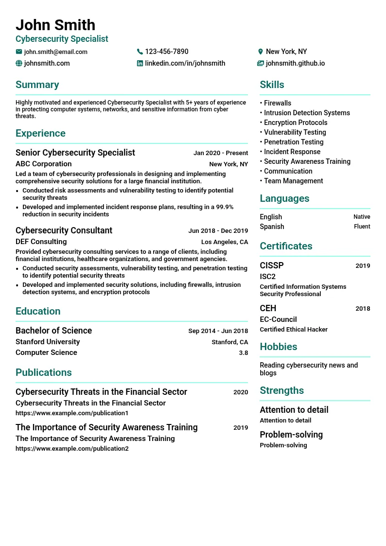 Cybersecurity Specialist resume example