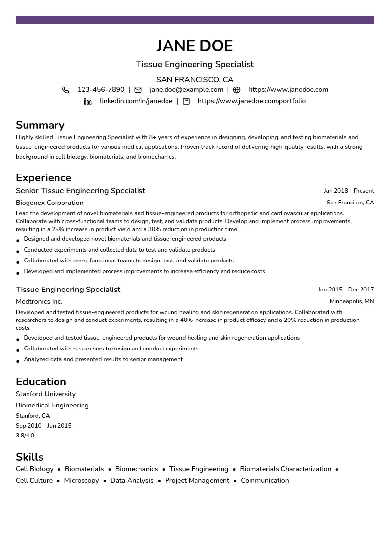 Tissue Engineering Specialist resume example