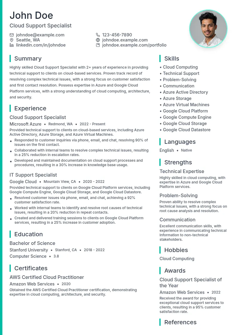 Cloud Support Specialist resume example