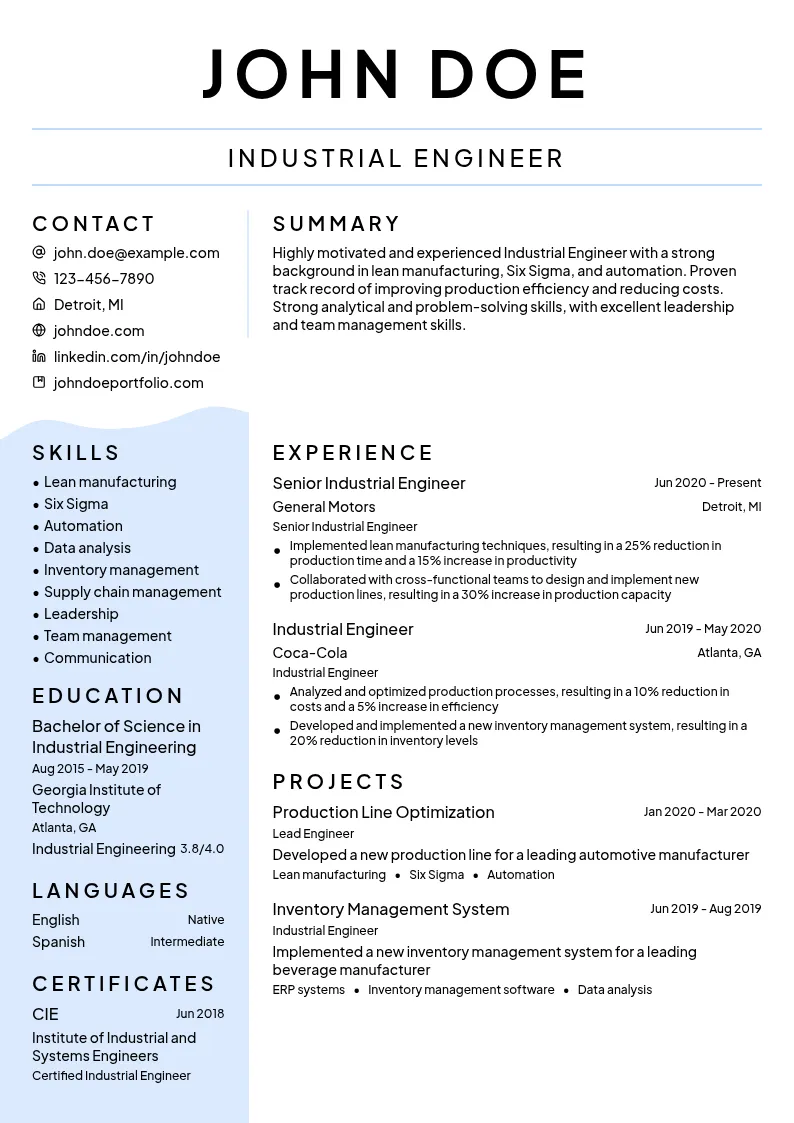 Industrial Engineer resume example
