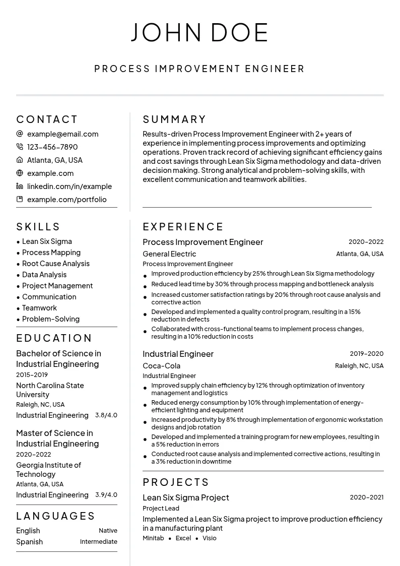 Process Improvement Engineer resume example