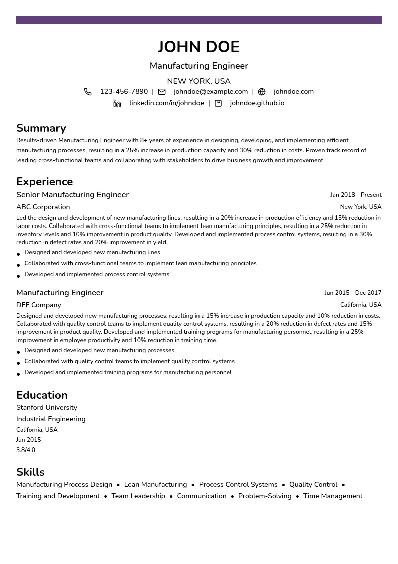 Manufacturing Engineer resume example