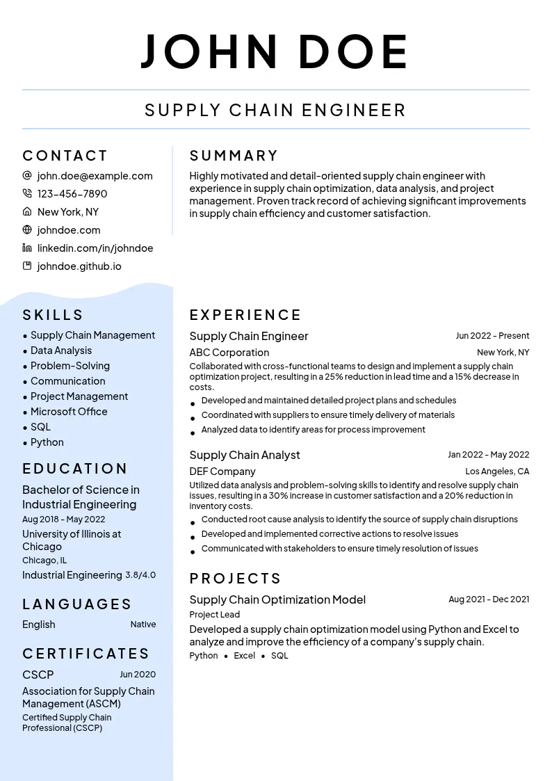 Supply Chain Engineer resume example