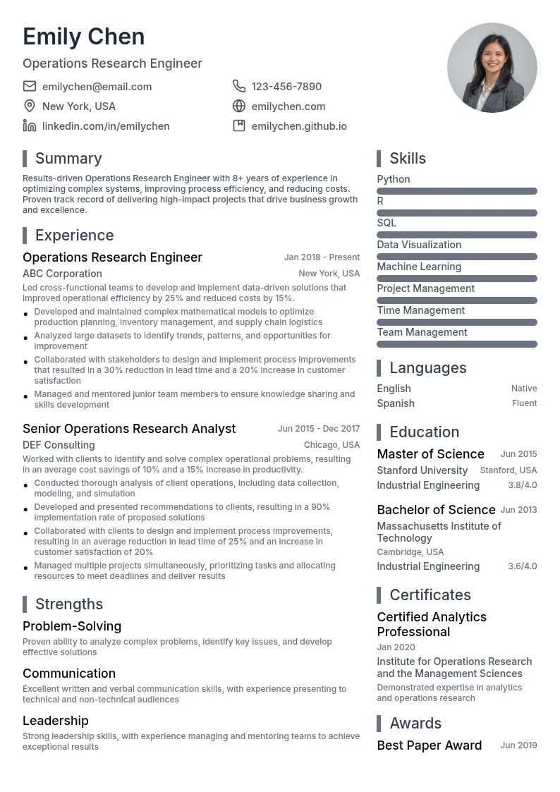Operations Research Engineer resume example