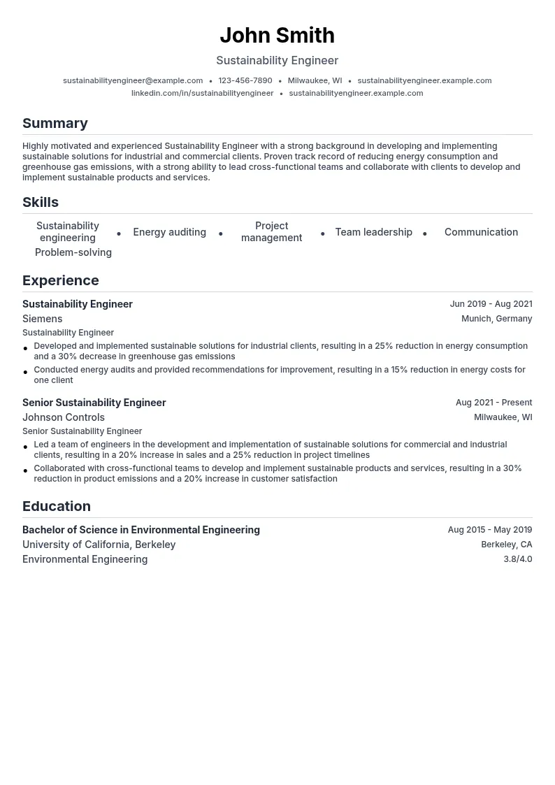 Sustainability Engineer resume example