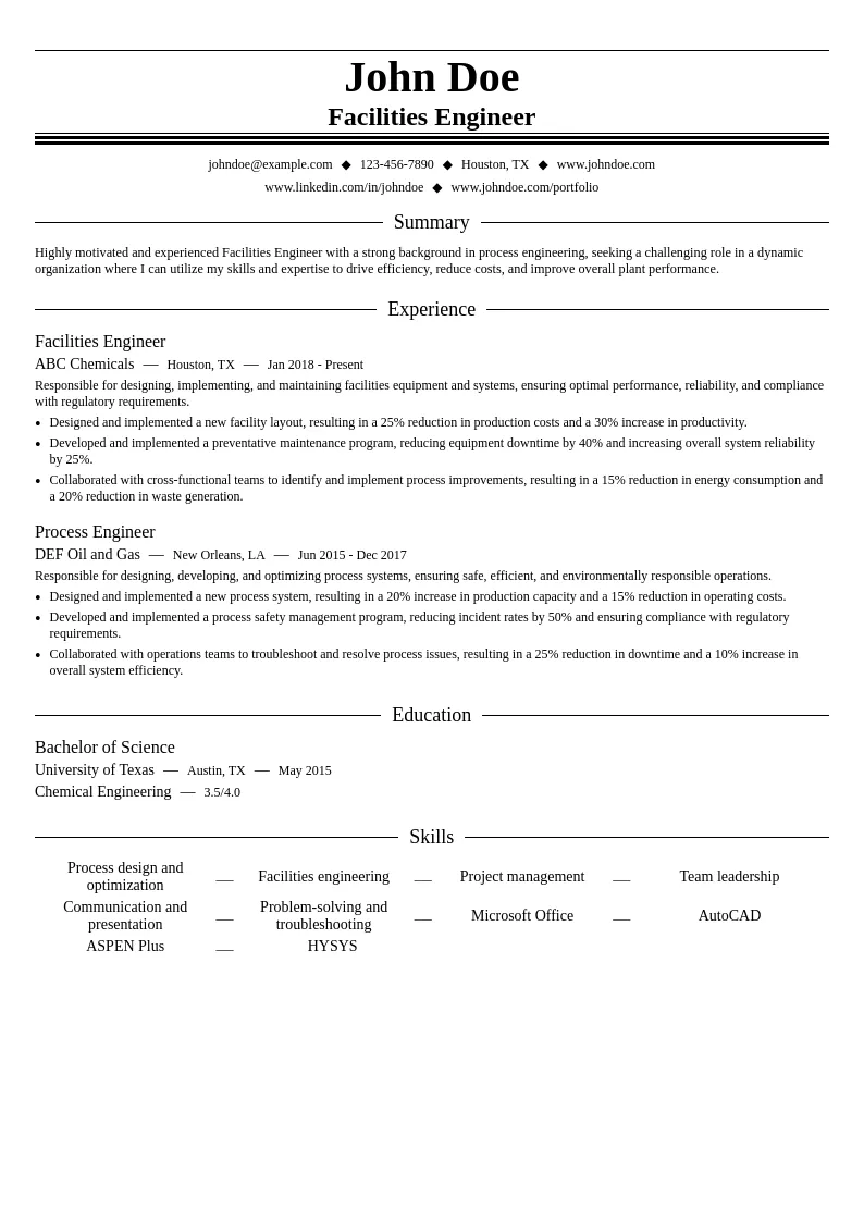 Facilities Engineer resume example