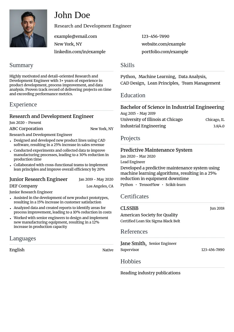 Research and Development Engineer resume example
