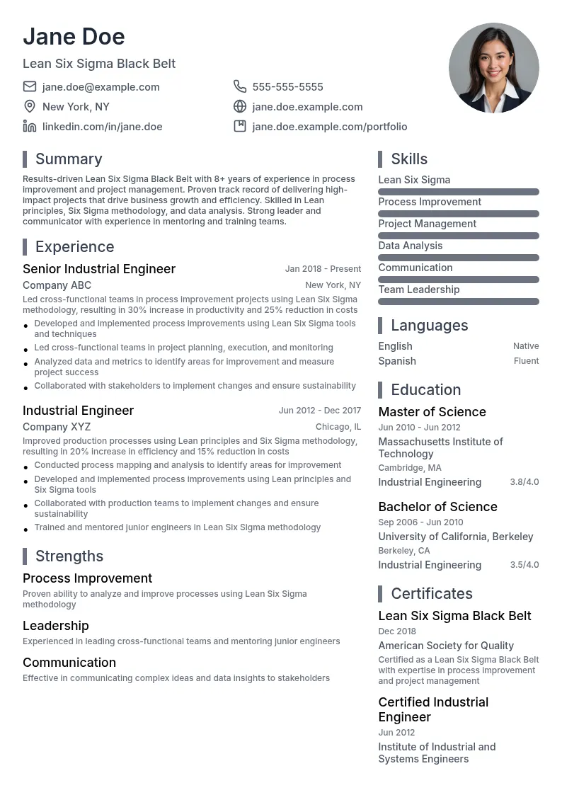 Lean Six Sigma Black Belt resume example
