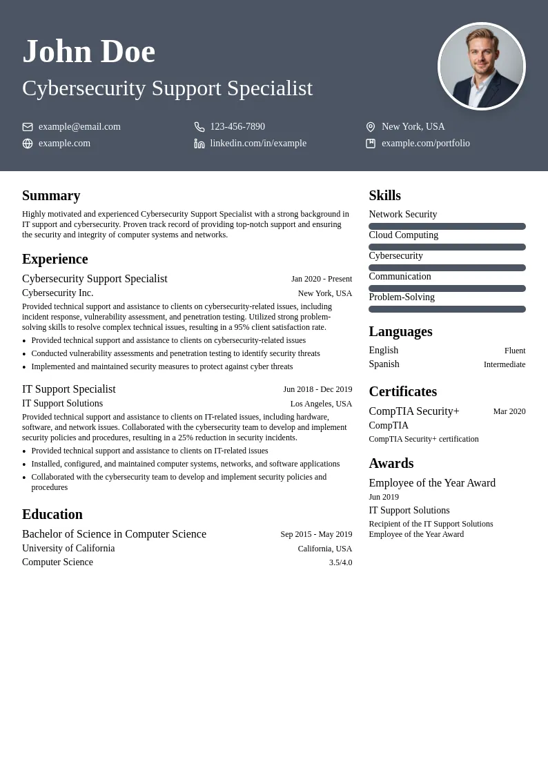 Cybersecurity Support Specialist resume example