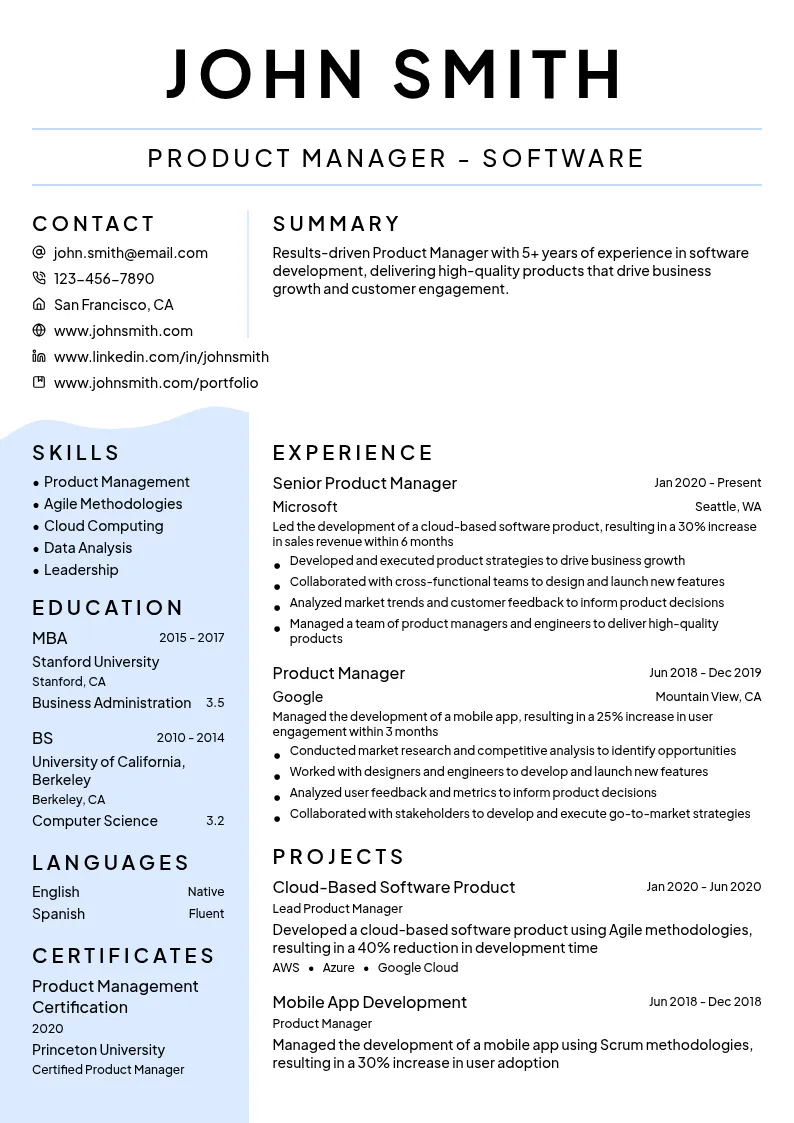Product Manager - Software resume example