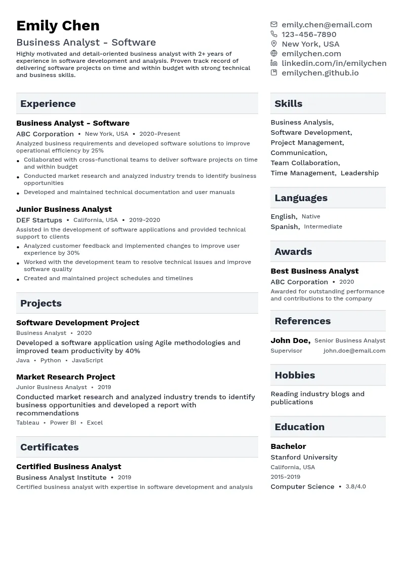Business Analyst - Software resume example
