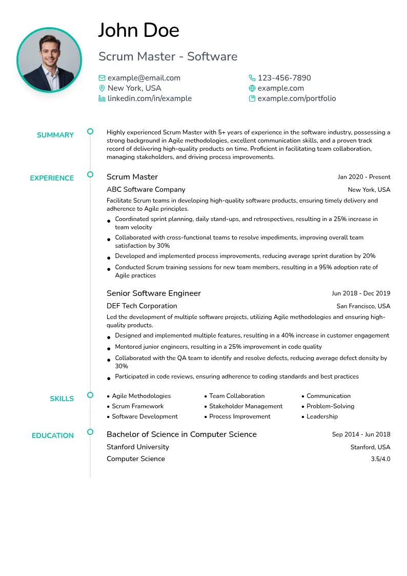 Scrum Master - Software resume example